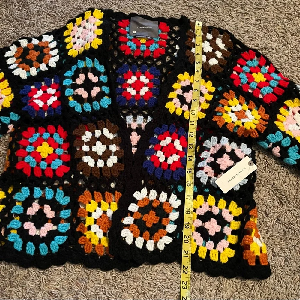 NWT BY ANTHROPOLOGIE Colorblocked Granny Square Crochet Cardigan Black One Size - Picture 11 of 12